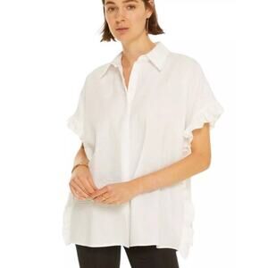 Harshman Darcy Linen Cotton Crisp White Seersucker Ruffle Trim Shirt White Med